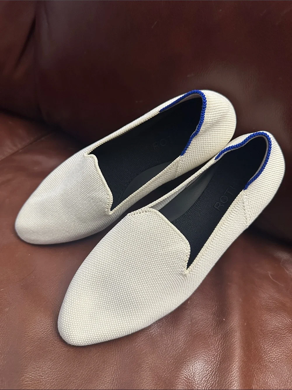 Rothy's Cream Slip-On Loafers with Blue Trim